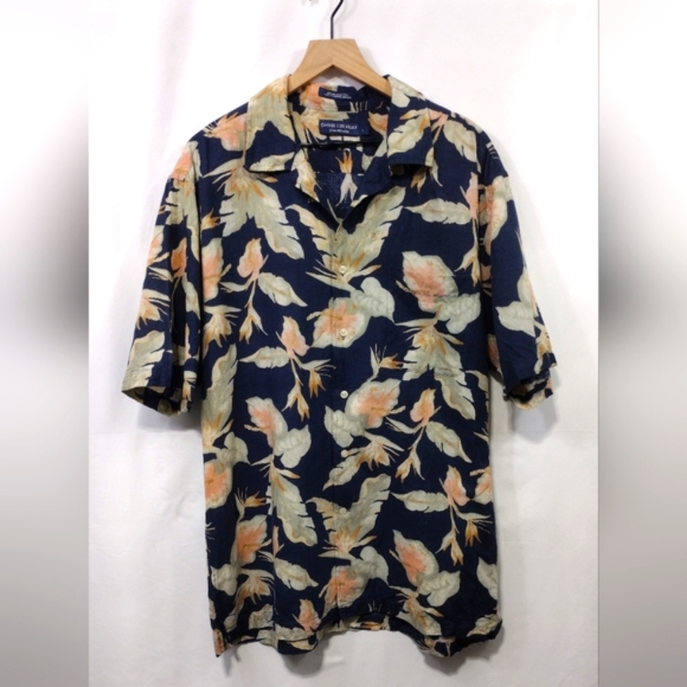 Daniel Cremieux Linen Blend Floral Hawaiian Shirt Mens L Blue Beach Coastal